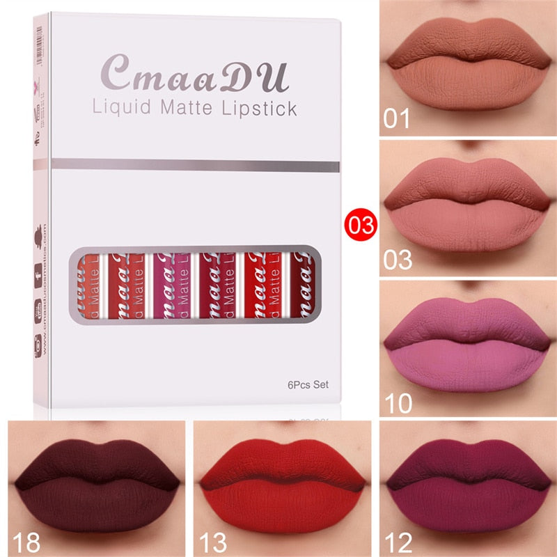 6 Colors/Set Fashion Matte Lip Gloss Sets Red Liquid Lipstick Beauty Cosmetic