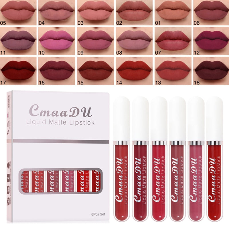 6 Colors/Set Fashion Matte Lip Gloss Sets Red Liquid Lipstick Beauty Cosmetic