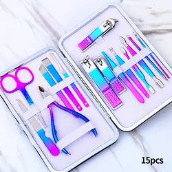 15Pcs Rainbow Colorful Stainless Steel Nail Clipper Manicure Tools Gift Set