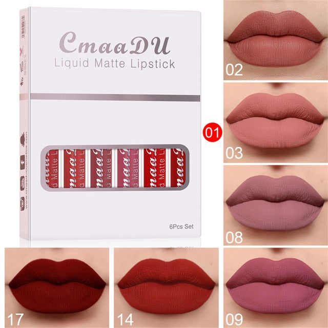 6 Colors/Set Fashion Matte Lip Gloss Sets Red Liquid Lipstick Beauty Cosmetic