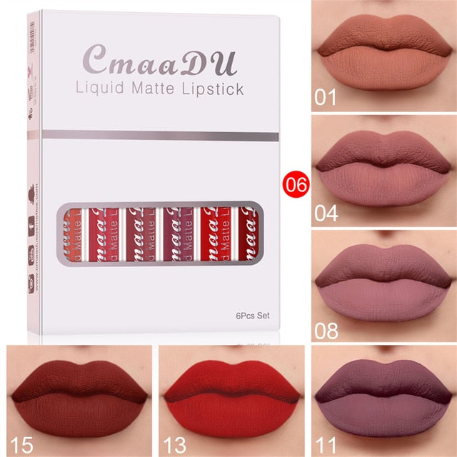 6 Colors/Set Fashion Matte Lip Gloss Sets Red Liquid Lipstick Beauty Cosmetic