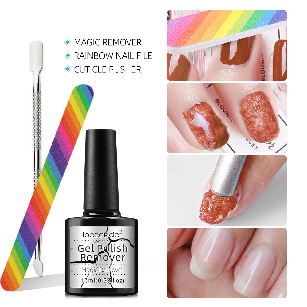 Magic Nail Remover Brust Removal Liquid With Rainbow Nail File Cuticle Nail Pusher Kit