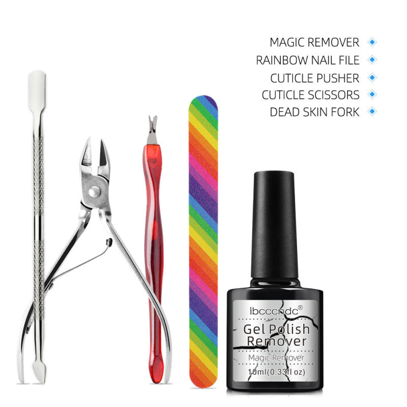 Magic Nail Remover Brust Removal Liquid With Rainbow Nail File Cuticle Nail Pusher Kit